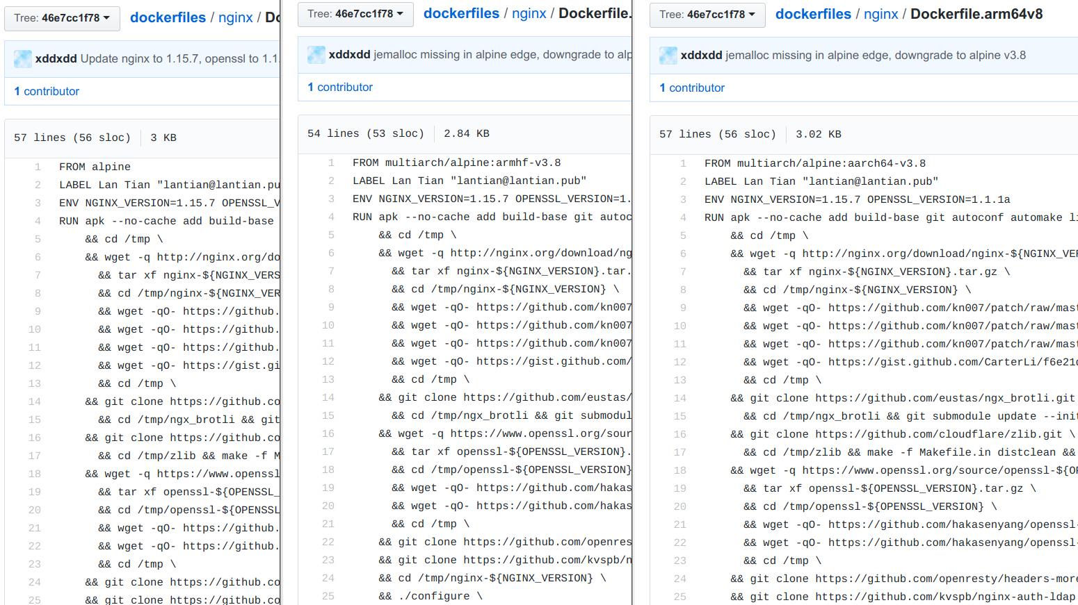 Each architecture has its own Dockerfile